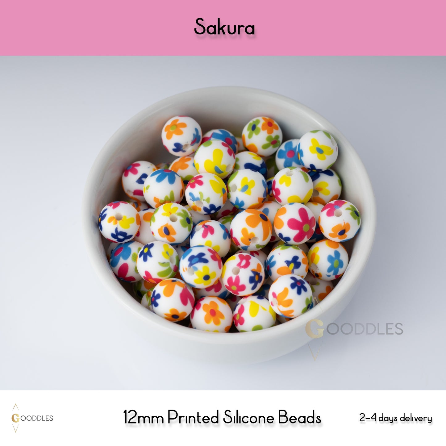 5pcs, Sakura Silicone Beads Printed Round Silicone Beads