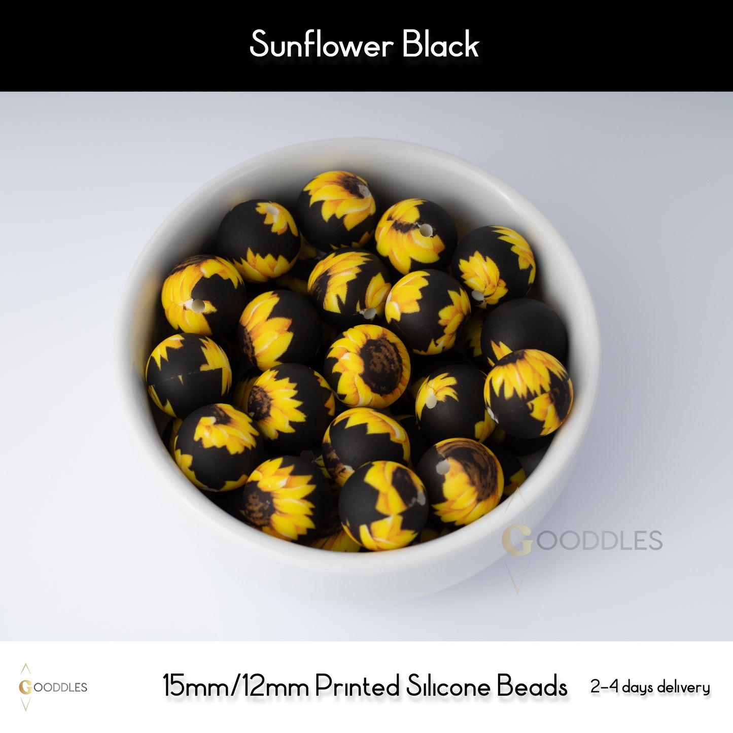 5pcs, Sunflower Black Silicone Beads Printed Round Silicone Beads