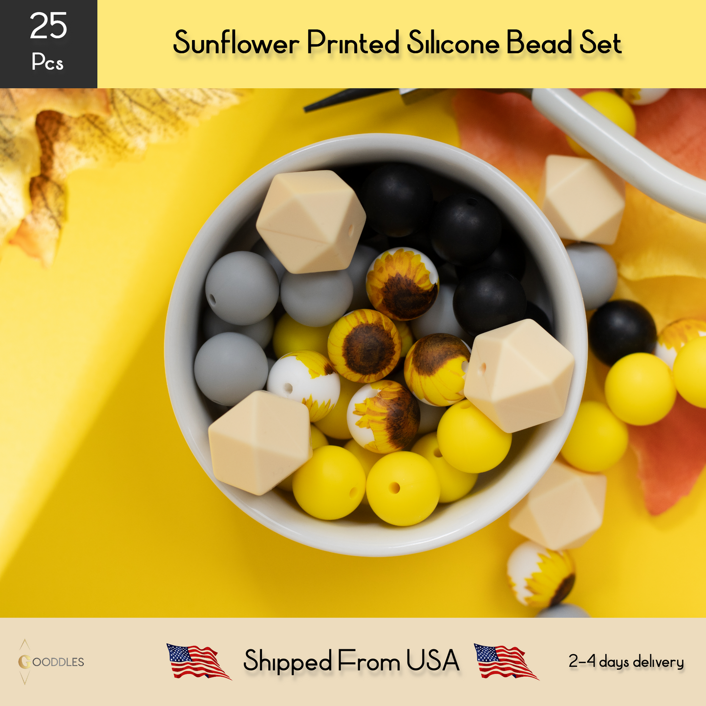 25pcs, Sunflower Silicone Bead Mix Round Silicone Beads