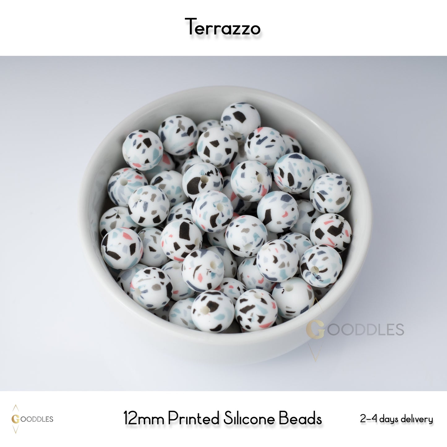 5pcs, Terrazzo Silicone Beads Printed Round Silicone Beads