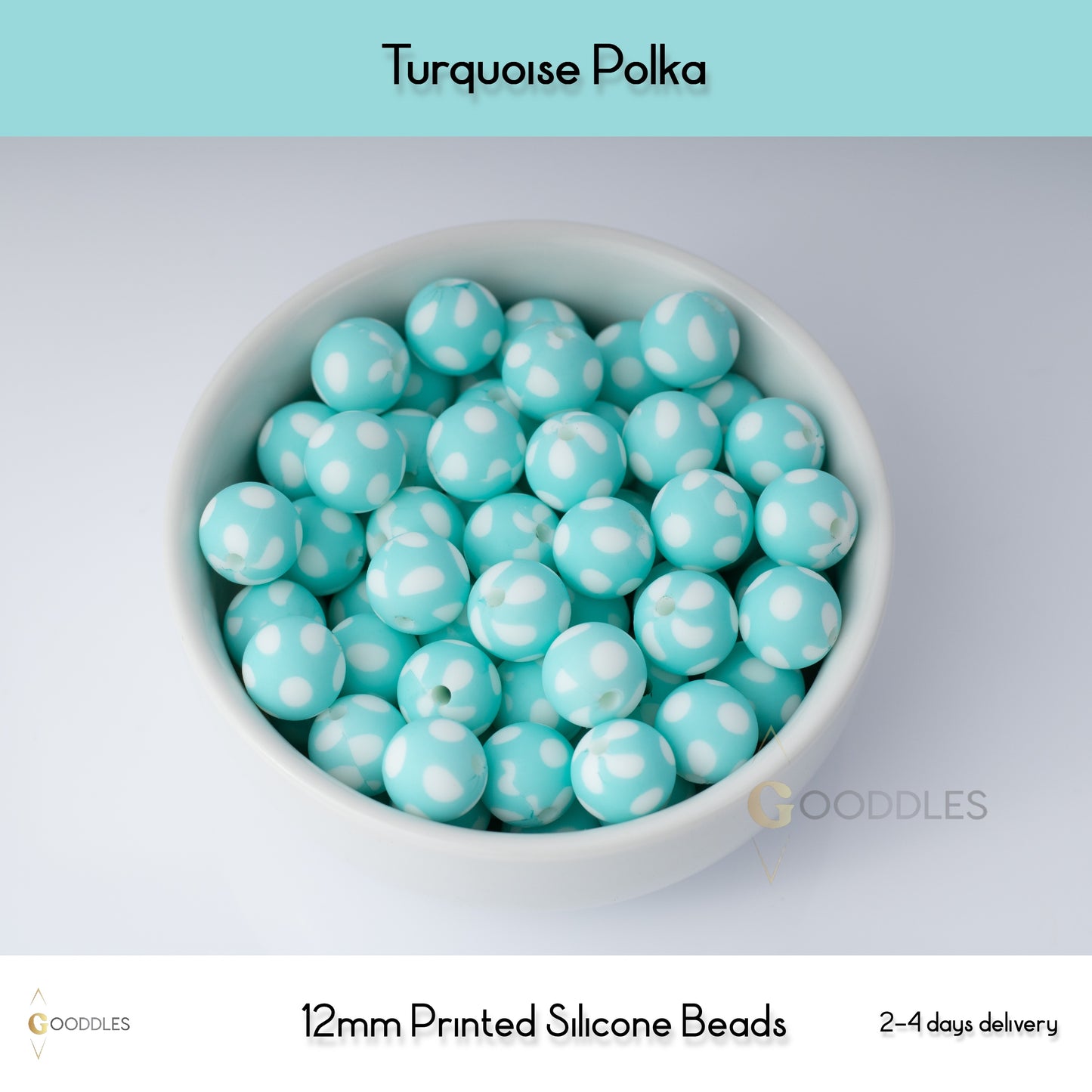 5pcs, Turquoise Polka Silicone Beads Printed Round Silicone Beads