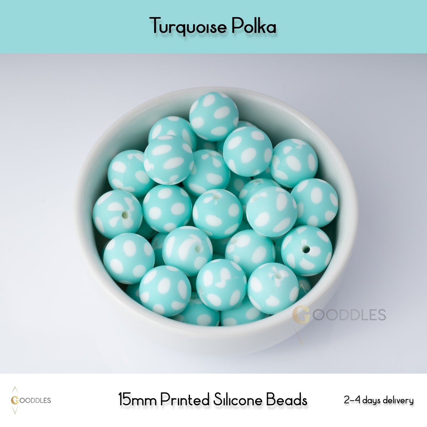 5pcs, Turquoise Polka Silicone Beads Printed Round Silicone Beads