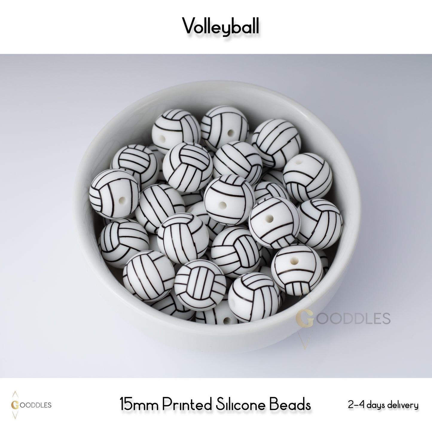 5pcs, Volleyball Silicone Beads Printed Round Silicone Beads