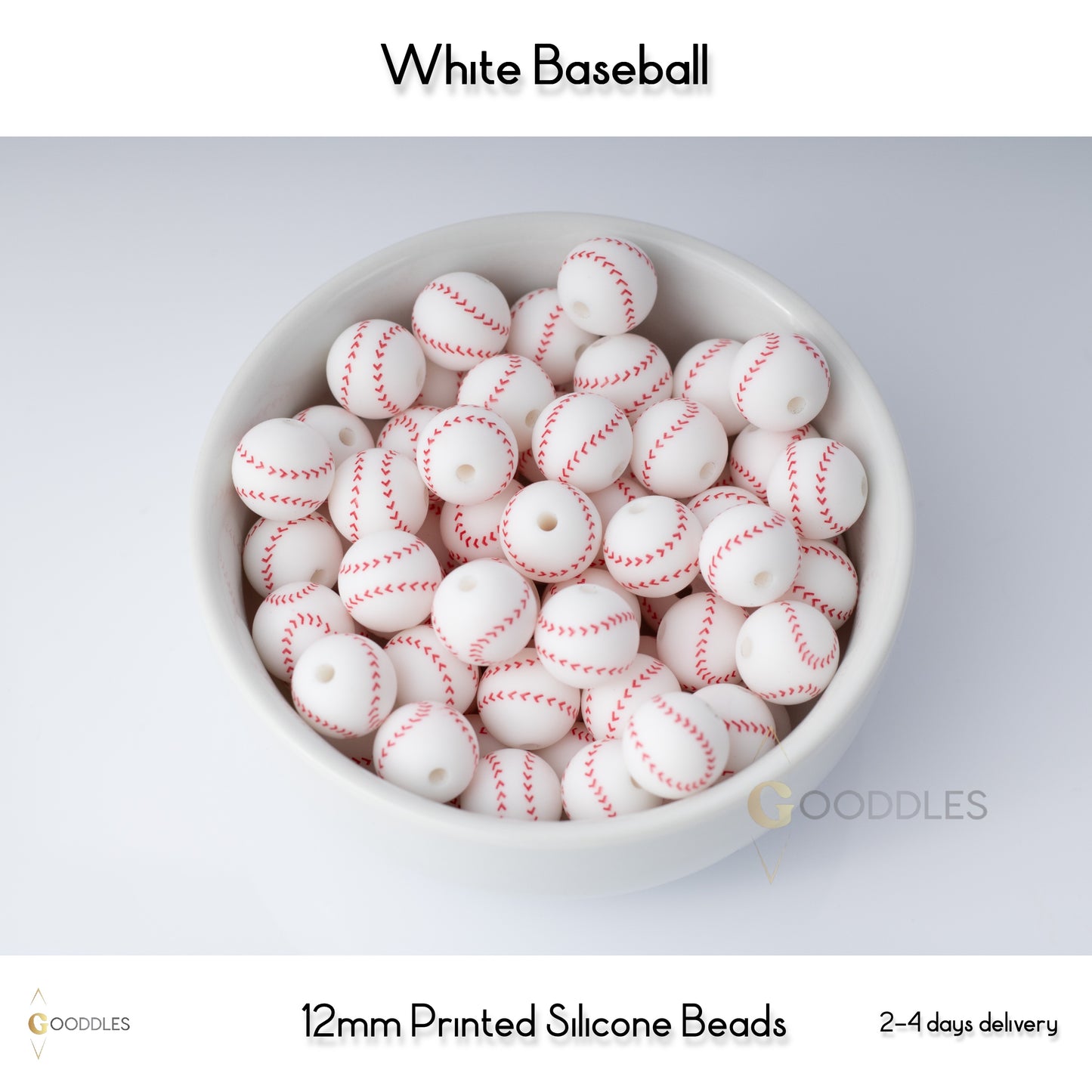 5pcs, White Baseball Silicone Beads Printed Round Silicone Beads