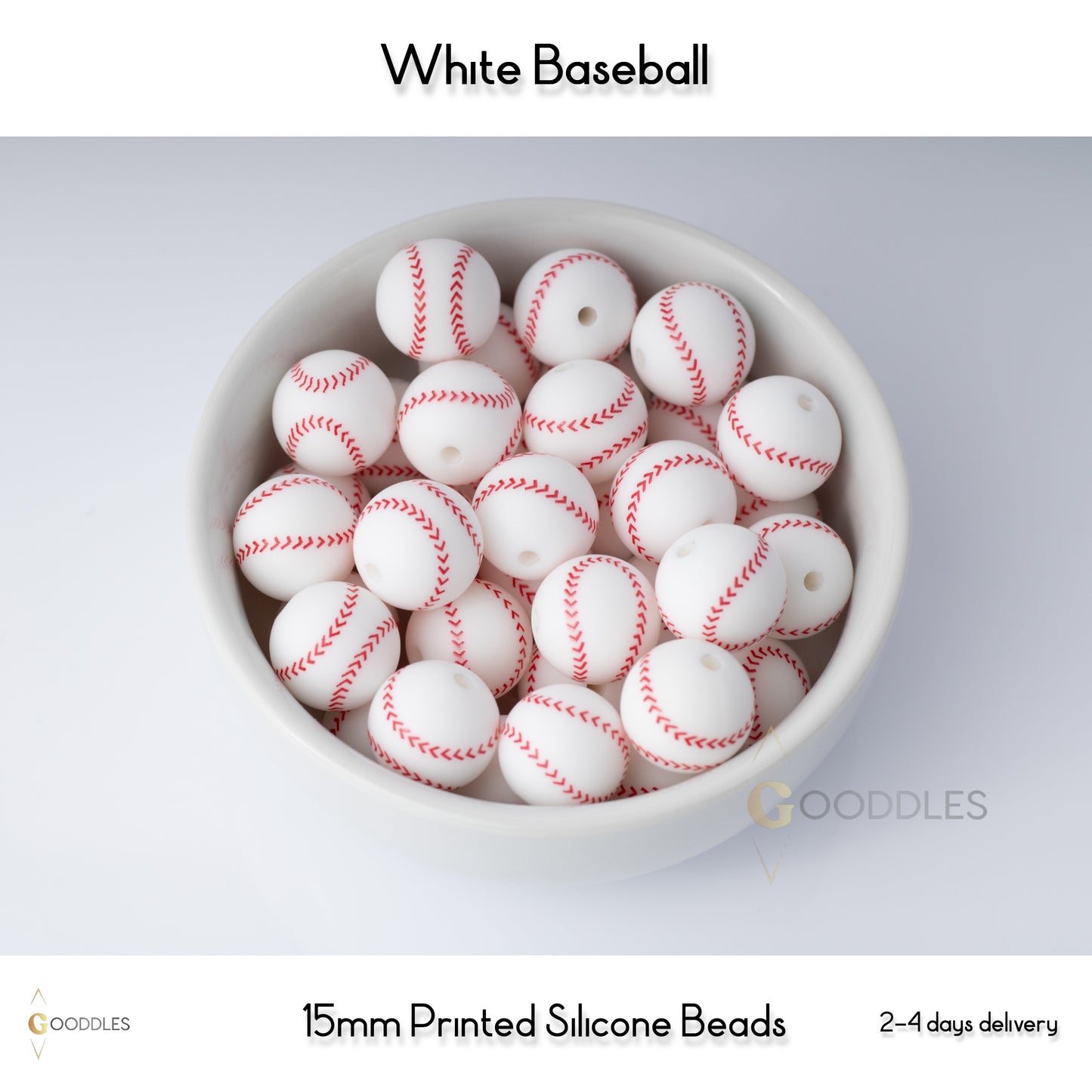 5pcs, White Baseball Silicone Beads Printed Round Silicone Beads
