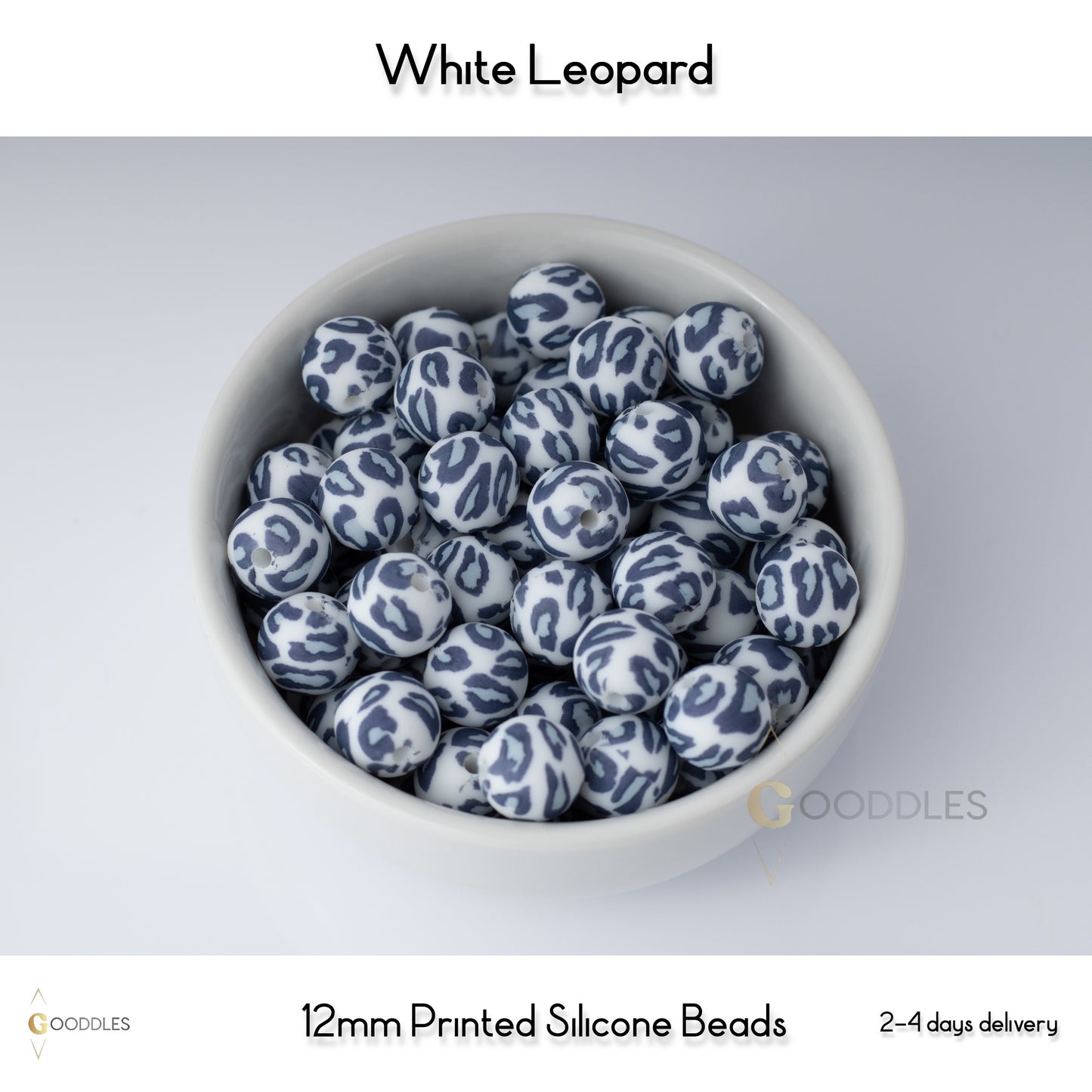 5pcs, White Leopard Silicone Beads Printed Round Silicone Beads
