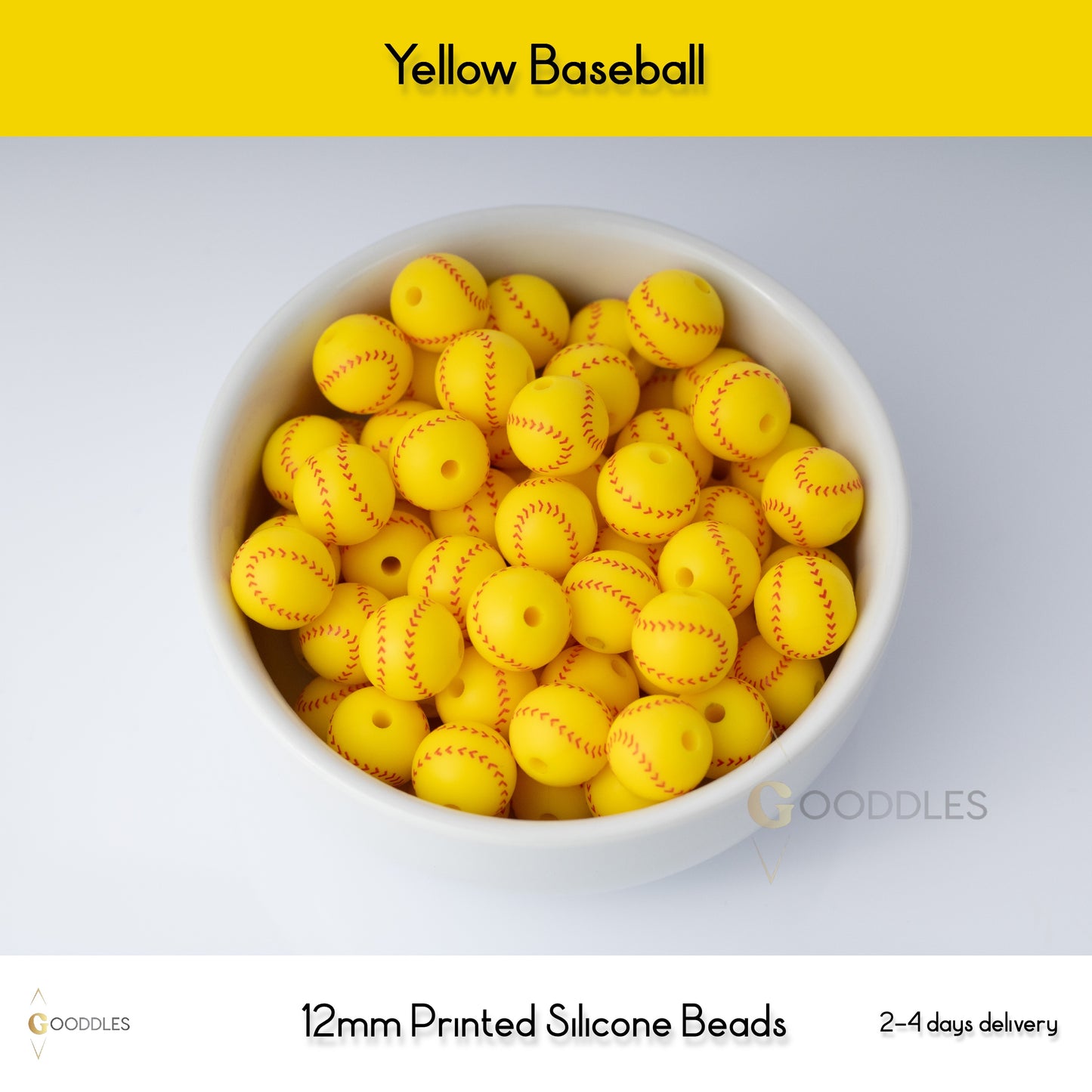 5pcs, Yellow Baseball Silicone Beads Printed Round Silicone Beads