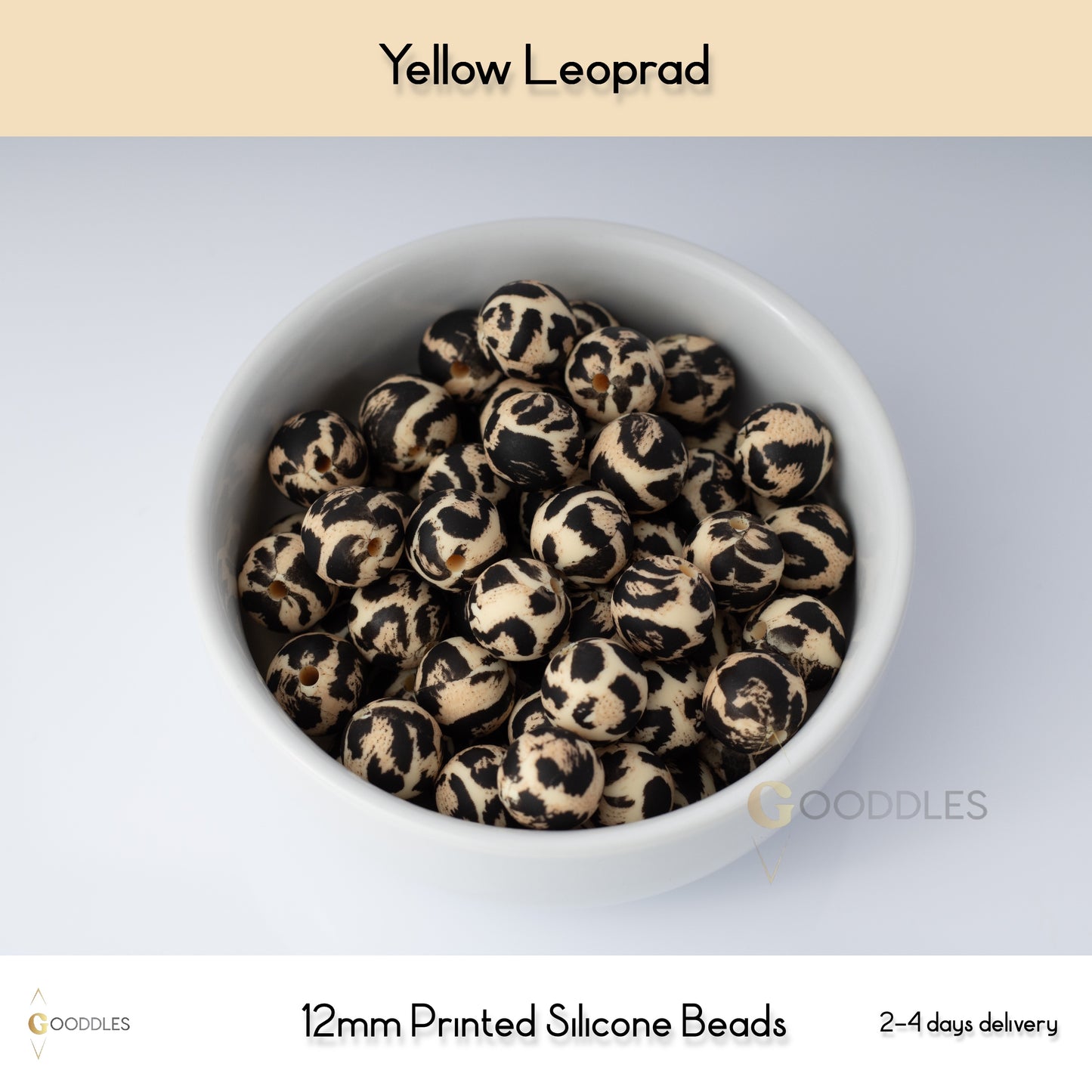 5pcs, Yellow Leopard Silicone Beads Printed Round Silicone Beads