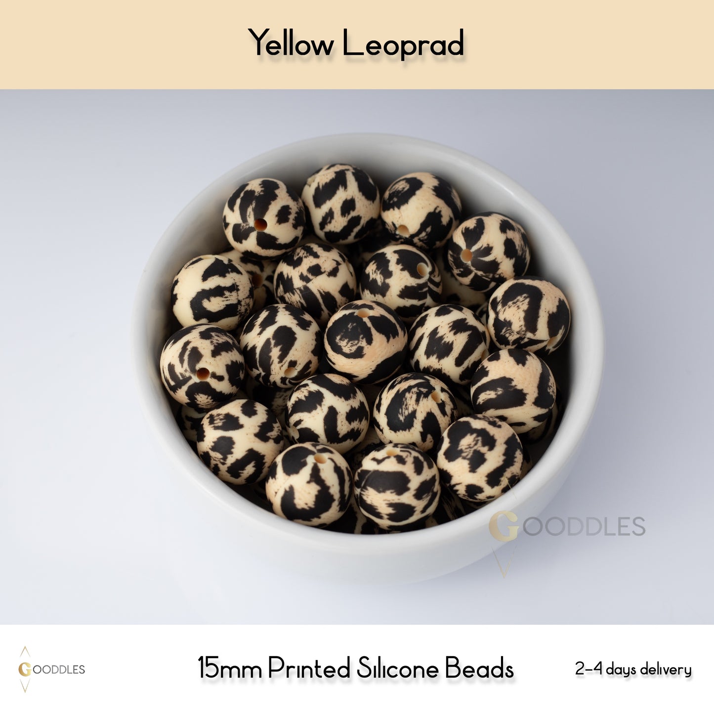 5pcs, Yellow Leopard Silicone Beads Printed Round Silicone Beads