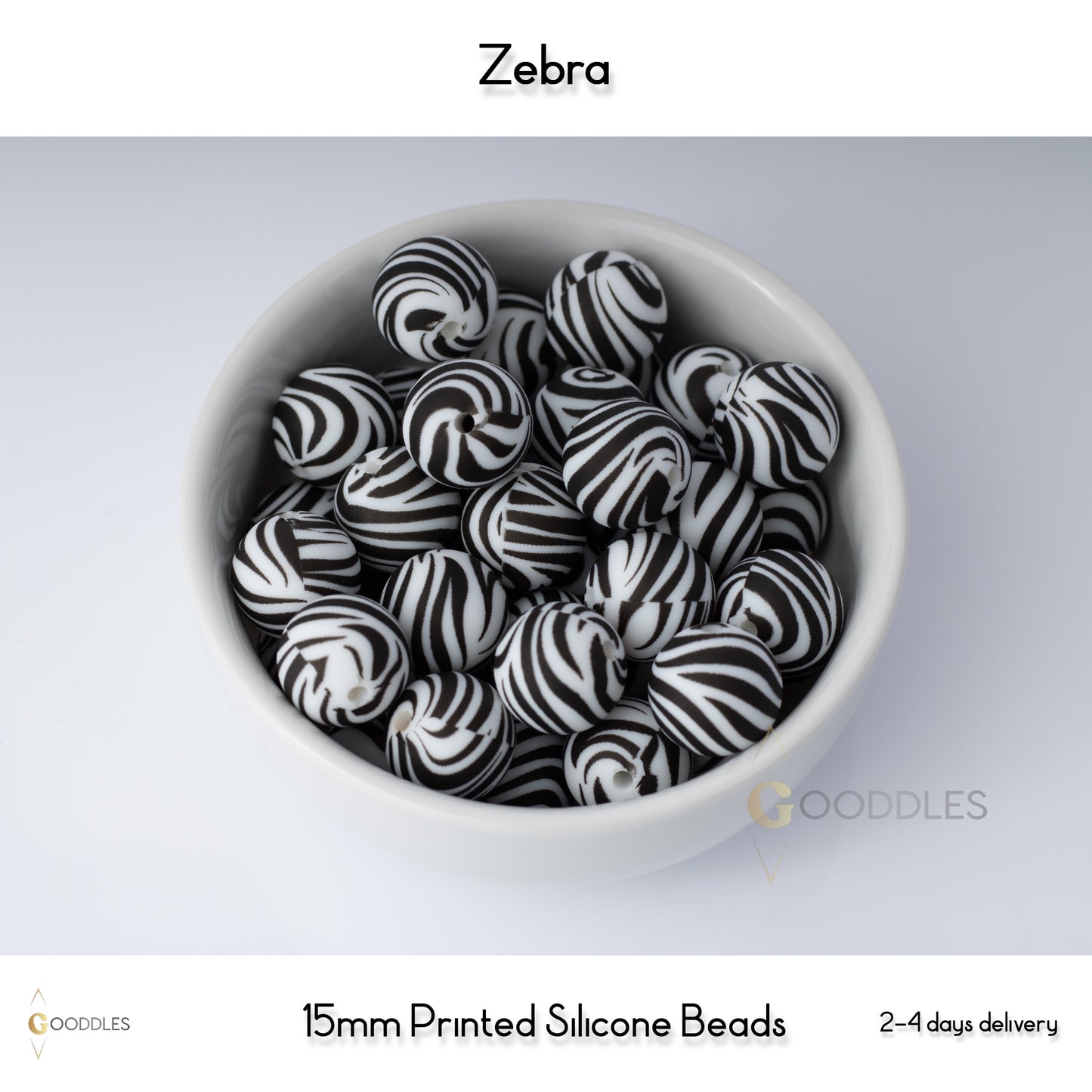 5pcs, Zebra Silicone Beads Printed Round Silicone Beads